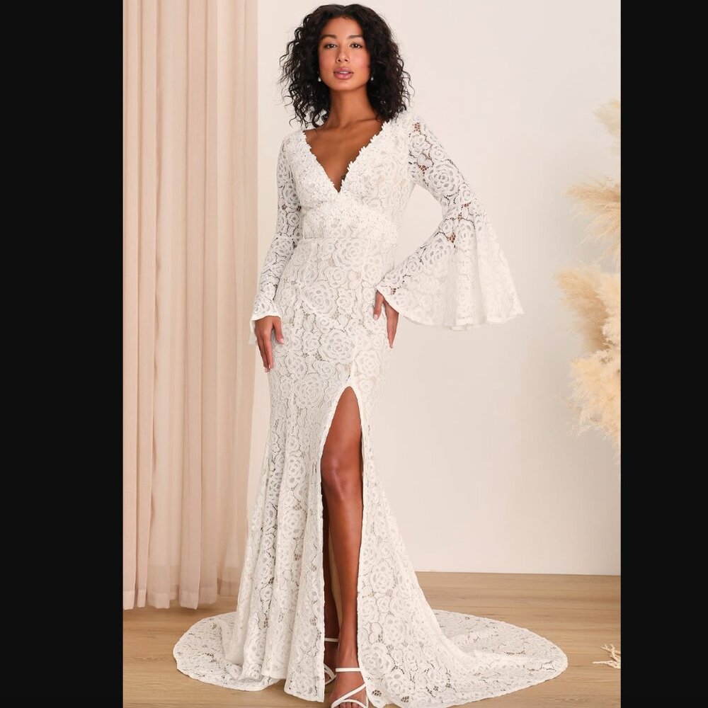 NWT Wedding Gown - Duchess Ivory Lace Bell Sleeve Maxi Dress XS - LULUS